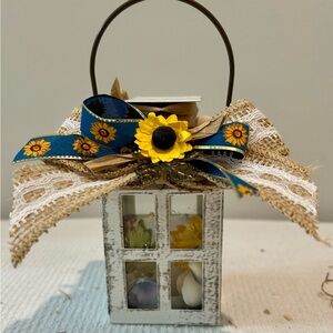 White and Yellow Lantern with Sunflower Accents- set of 2